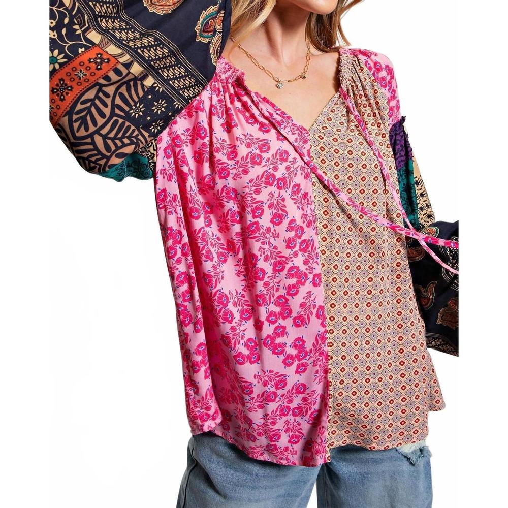 NEW EASEL women's mix print loose top in pink